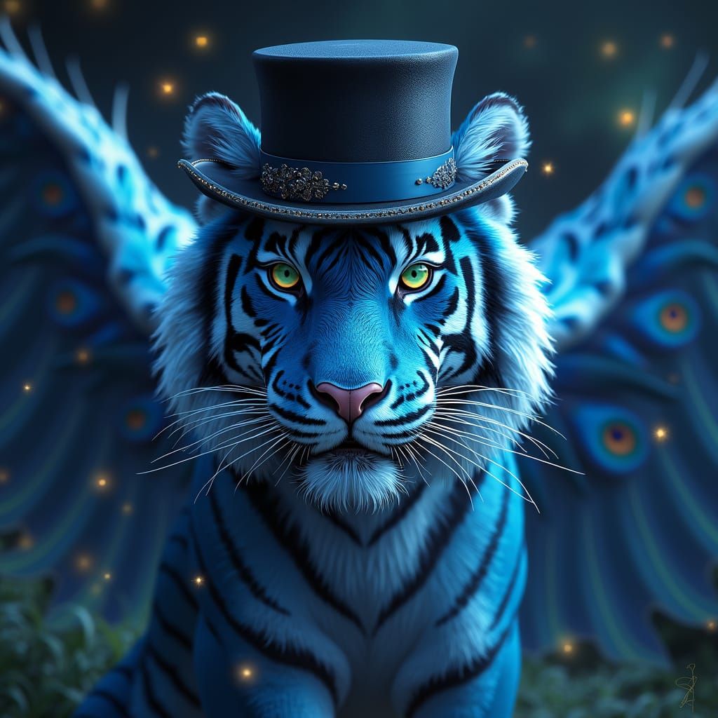 Mystical Blue Tiger with Peacock Wings in Dark Fantasy Style