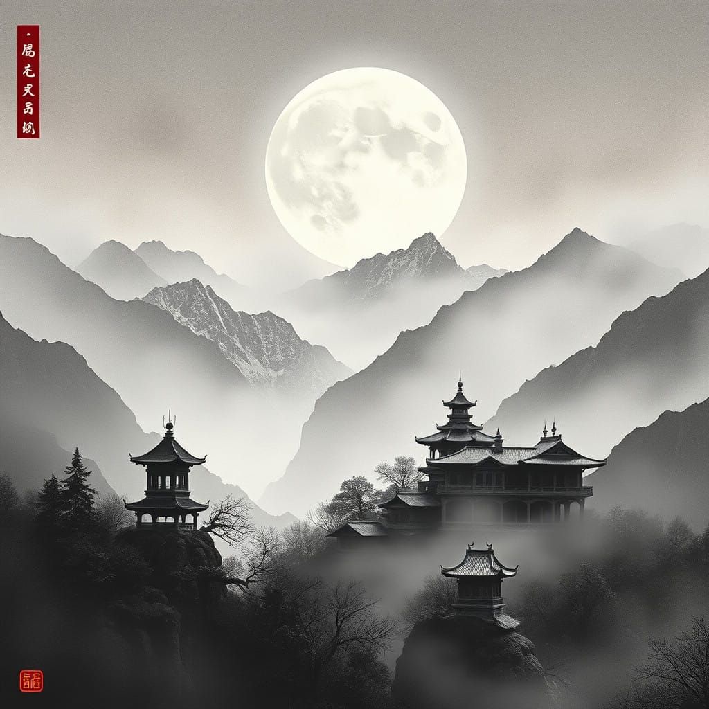 Nitram Charcoal Artistry monastery high mountains foggy frosty Asian moonscape