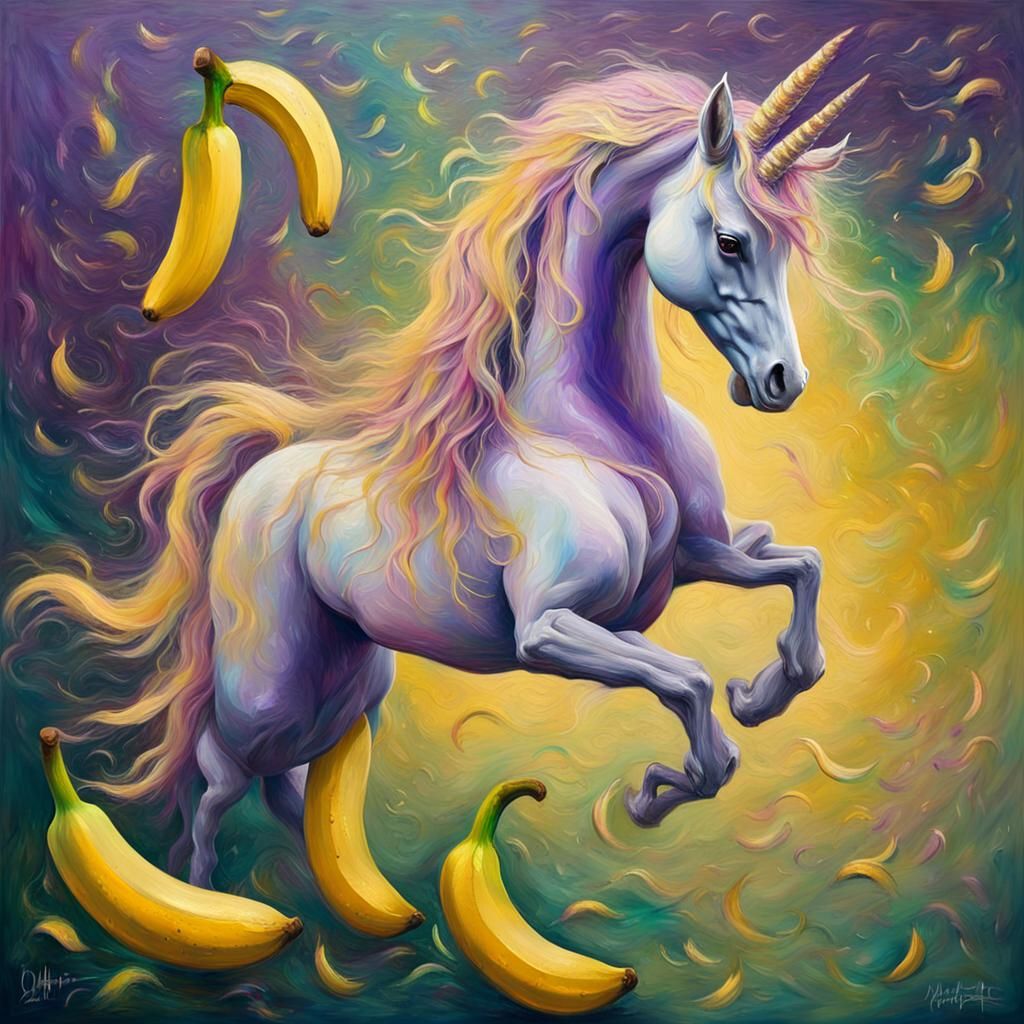Unicorn Dancing in a Banana: Oil Painting