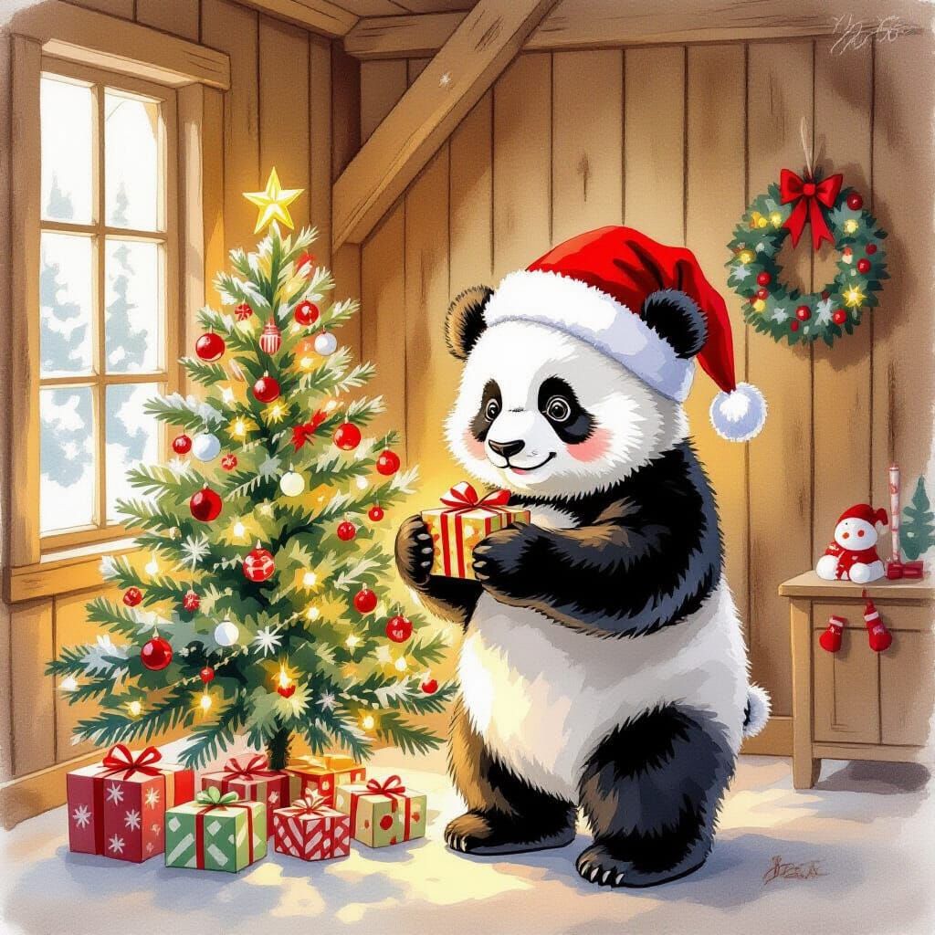 Festive Panda Opening Gift: Glossy Watercolor Scene