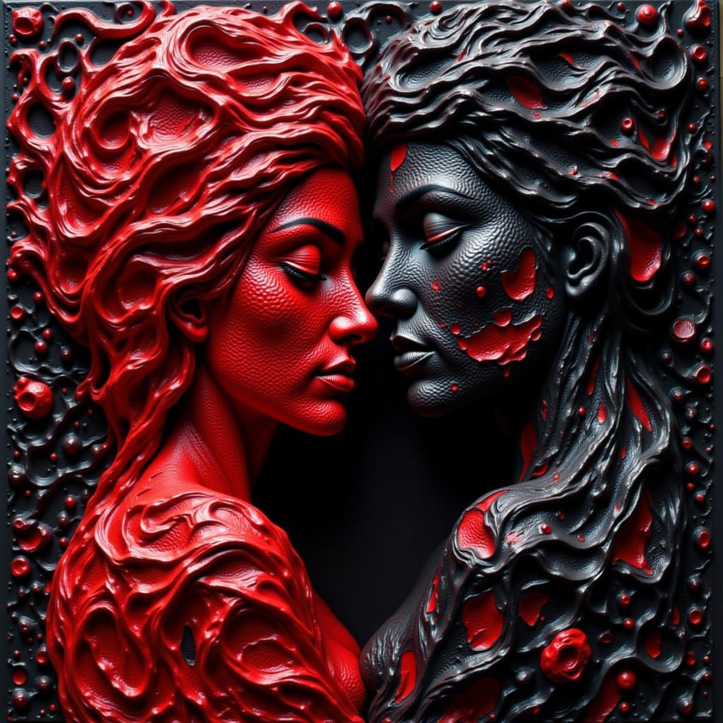 Surreal Escher-Inspired Kiss Art with Red and Black Textures