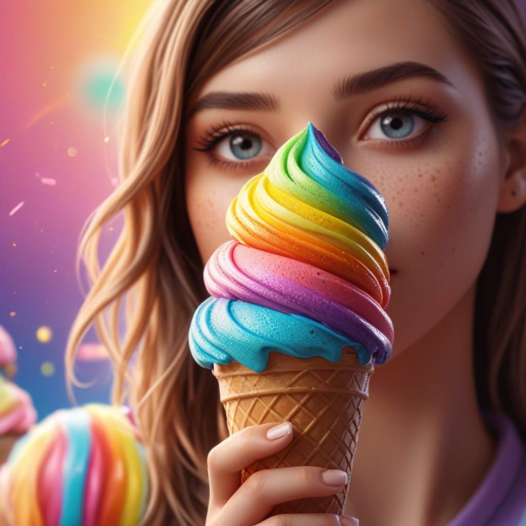 Girl with Rainbow Ice Cream in Candy Art Style