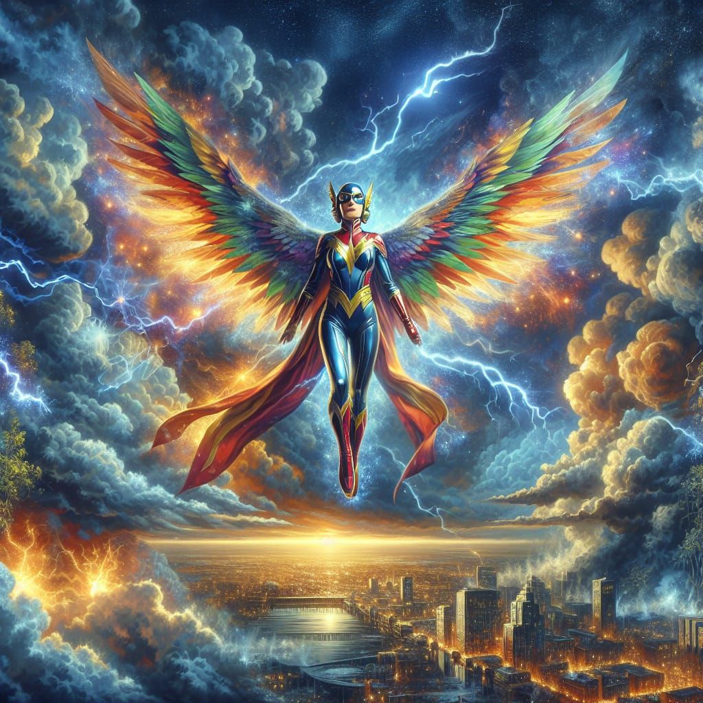 Winged Superheroine Over Stormy Cityscape