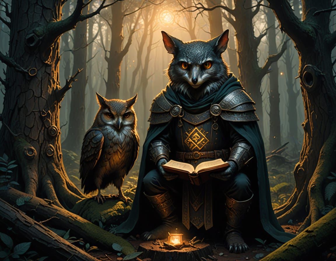 Noir Fantasy Creatures Gather Around Ancient Tome