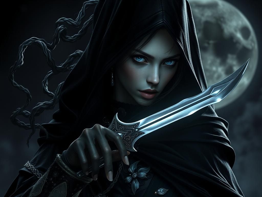 A mysterious, slender rogue with pale, moonlit skin