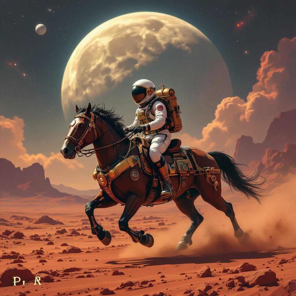 Astronaut Rides Steampunk Horse on Mars Under Giant Moon
