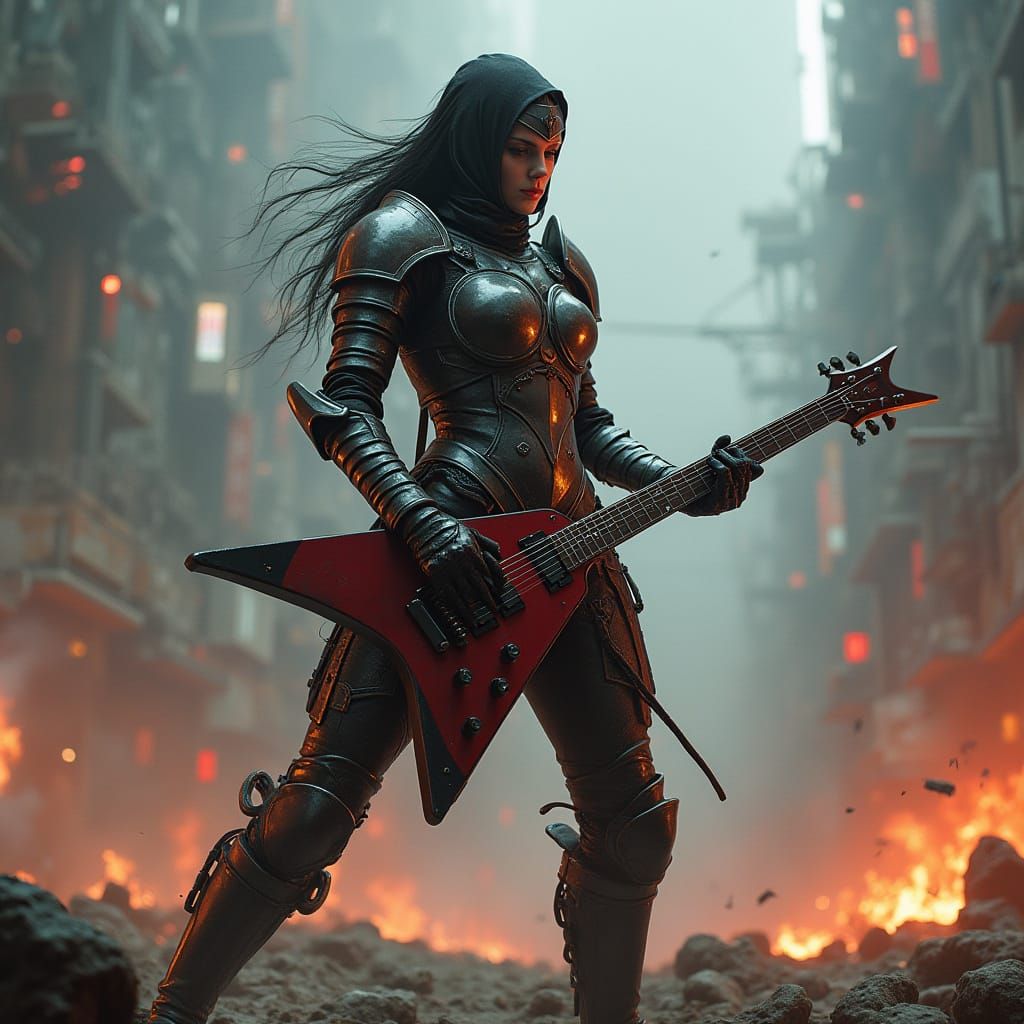 Armored Warrior Shreds Guitar on Battlefield