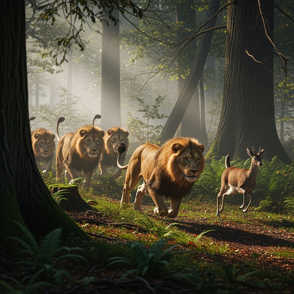 Lions Chase Deer Through Misty Forest: Photorealistic