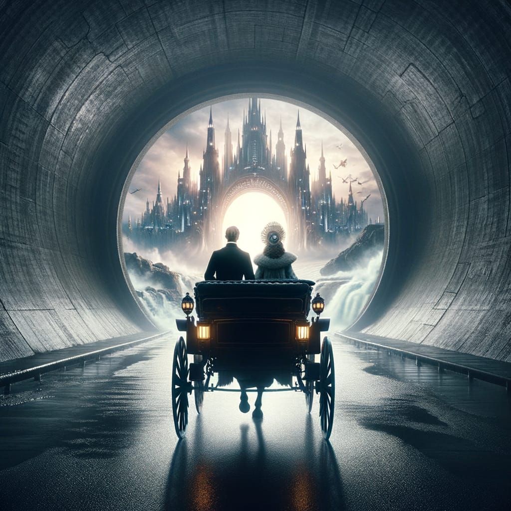 Victorian Couple Exits Tunnel Into Magical Paradise