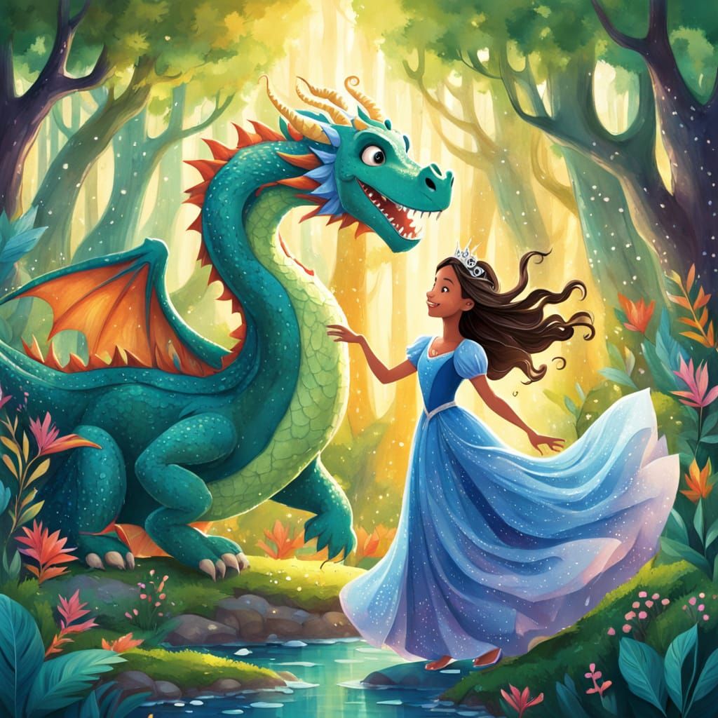 Princess Dancing with Dragon in Whimsical Forest Cartoon