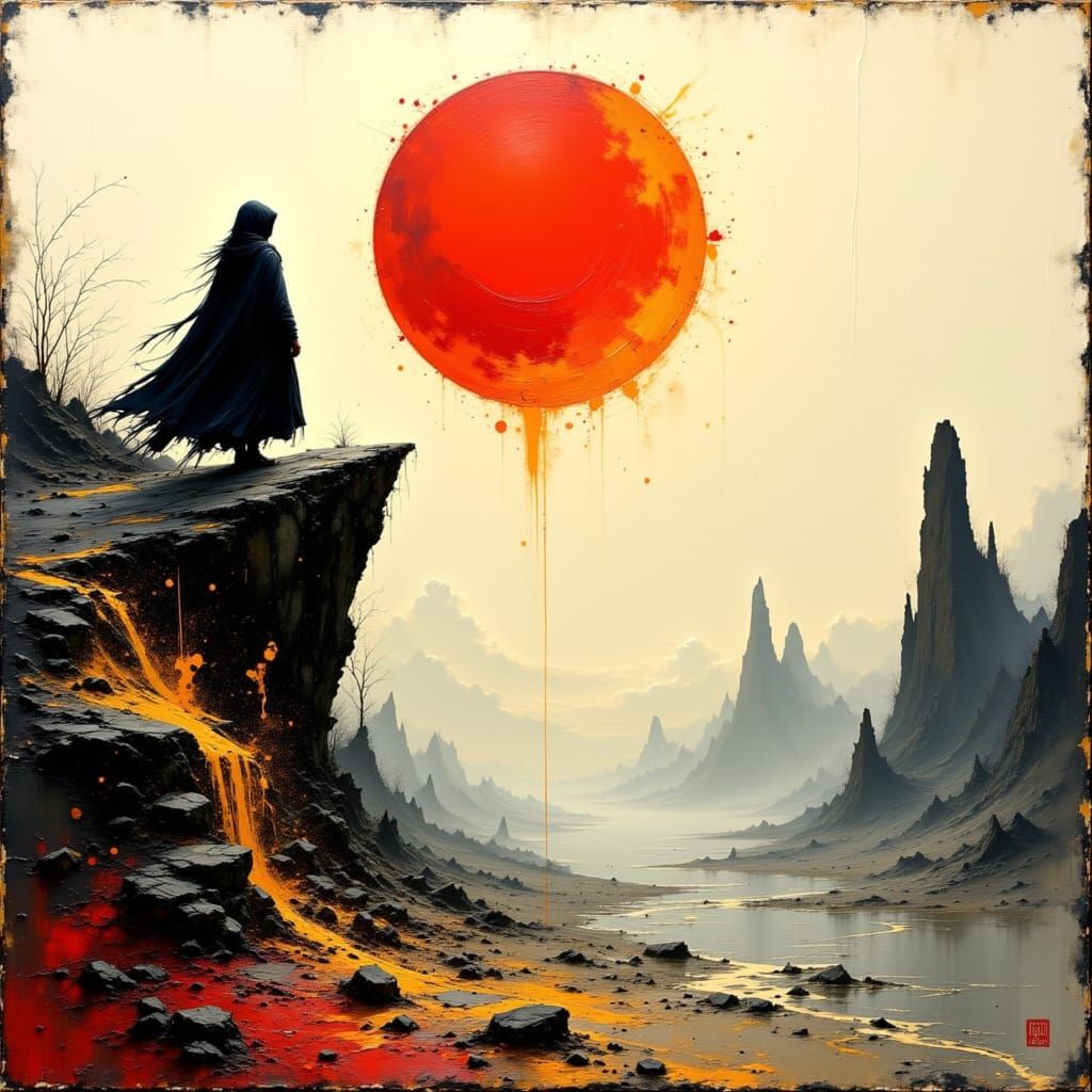 Red Sun Over Barren Landscape, Impasto Oil Painting