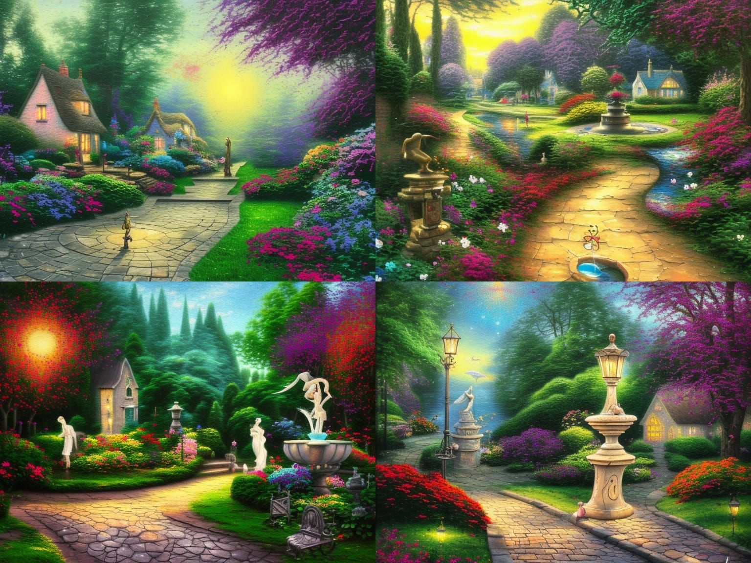 English garden beautiful cottage statues and sun dial lighted pathway to fountain towards dusk in the style of Thomas Ki...