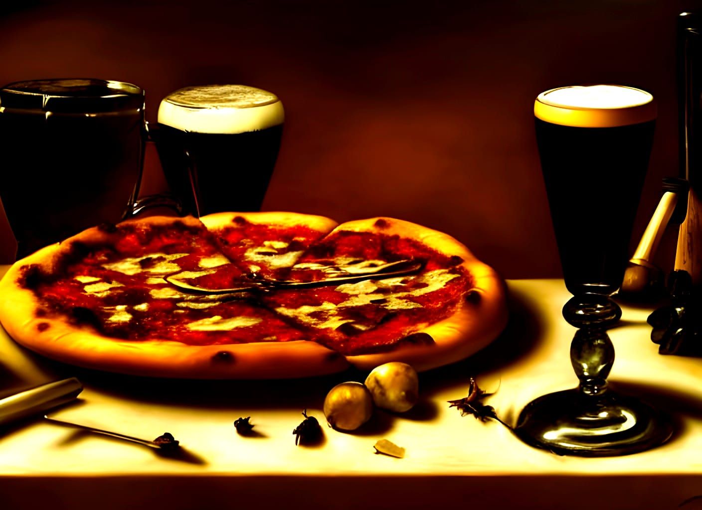 Pizza and Beer Still Life in Baroque Style