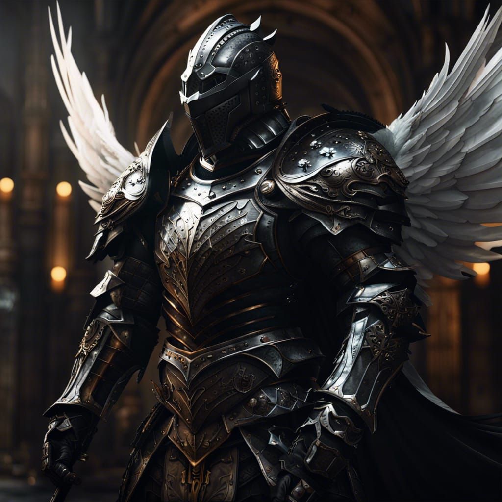 Winged Knight in Black Armor: Dark Fantasy Art
