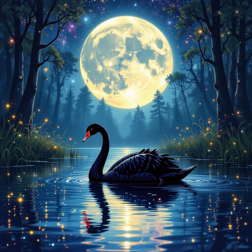 Black Swan in Cosmic Forest Pond Illustration