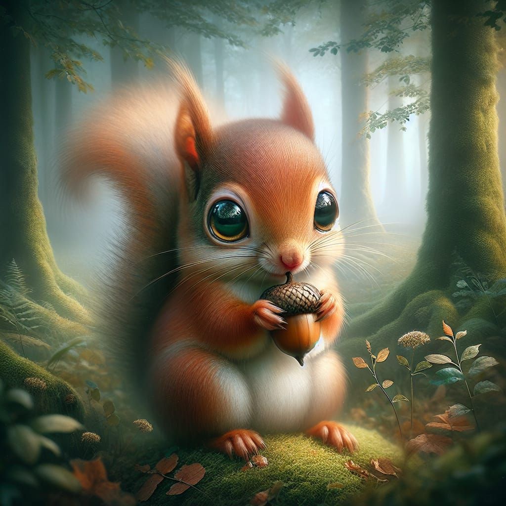 Squirrel with Mesmerizing Eyes Hugging Acorn in Misty Forest