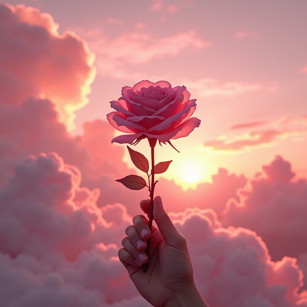 Pink Rose Held in Hand Against Sunset Sky
