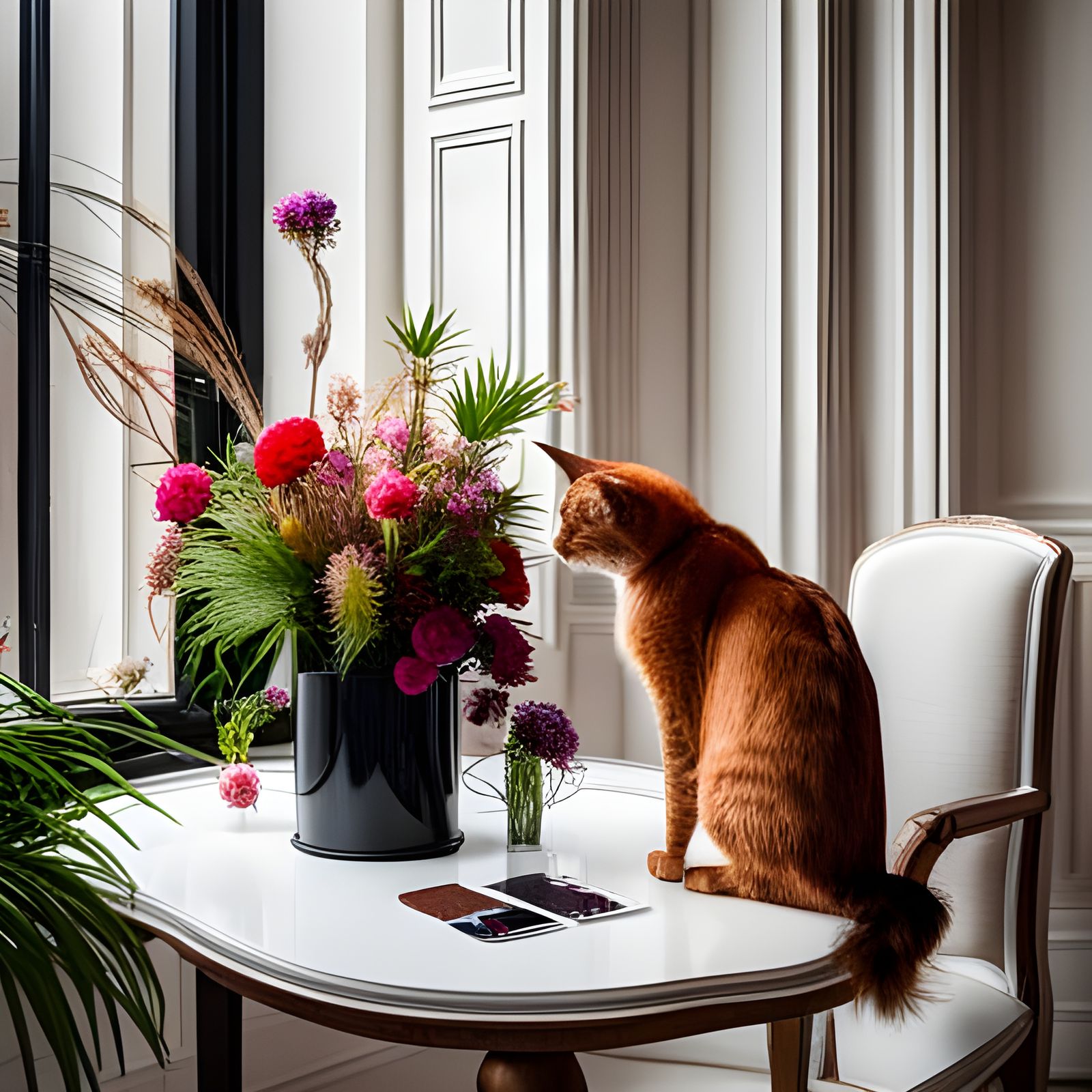 Photorealistic Cat Smelling Tropical Flowers by Window