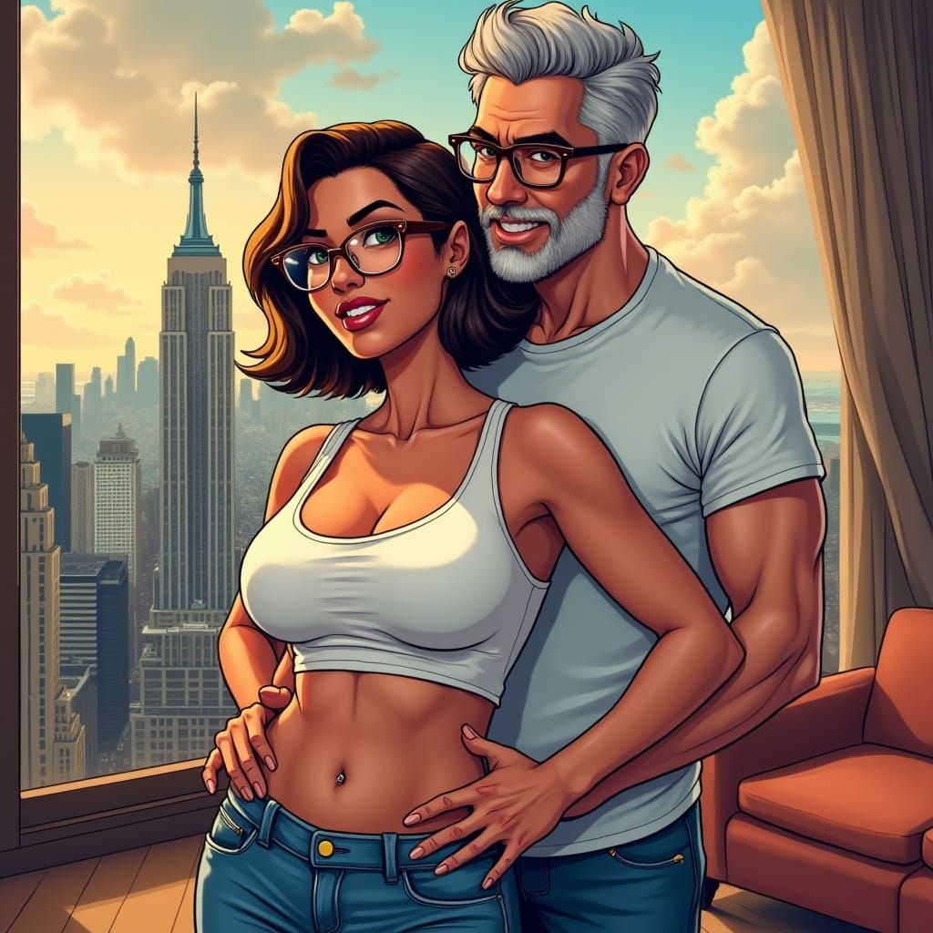 Comic Book Couple Embraces Before NYC Skyline