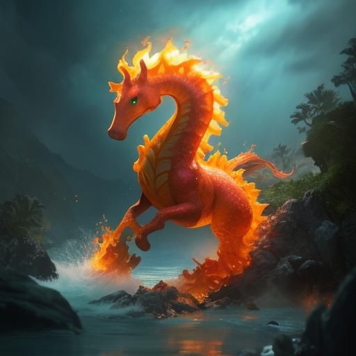 Fiery Seahorse Elemental in Splash Art Style