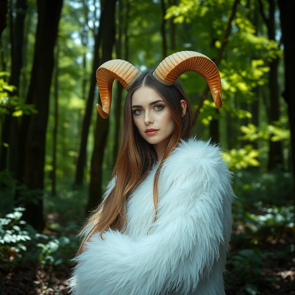 Mystical Woman with Horns in Forest Setting