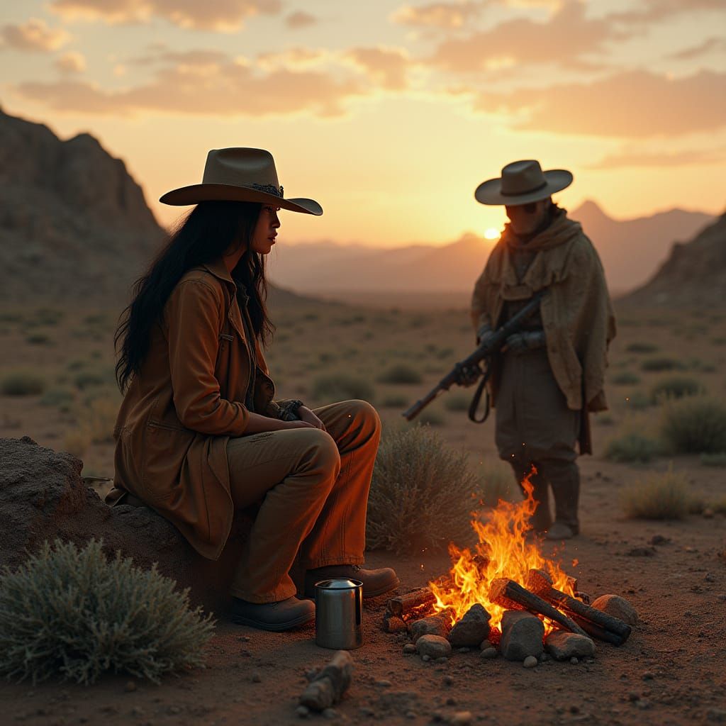 Badlands Vigil: Woman and Robot Under Setting Sun