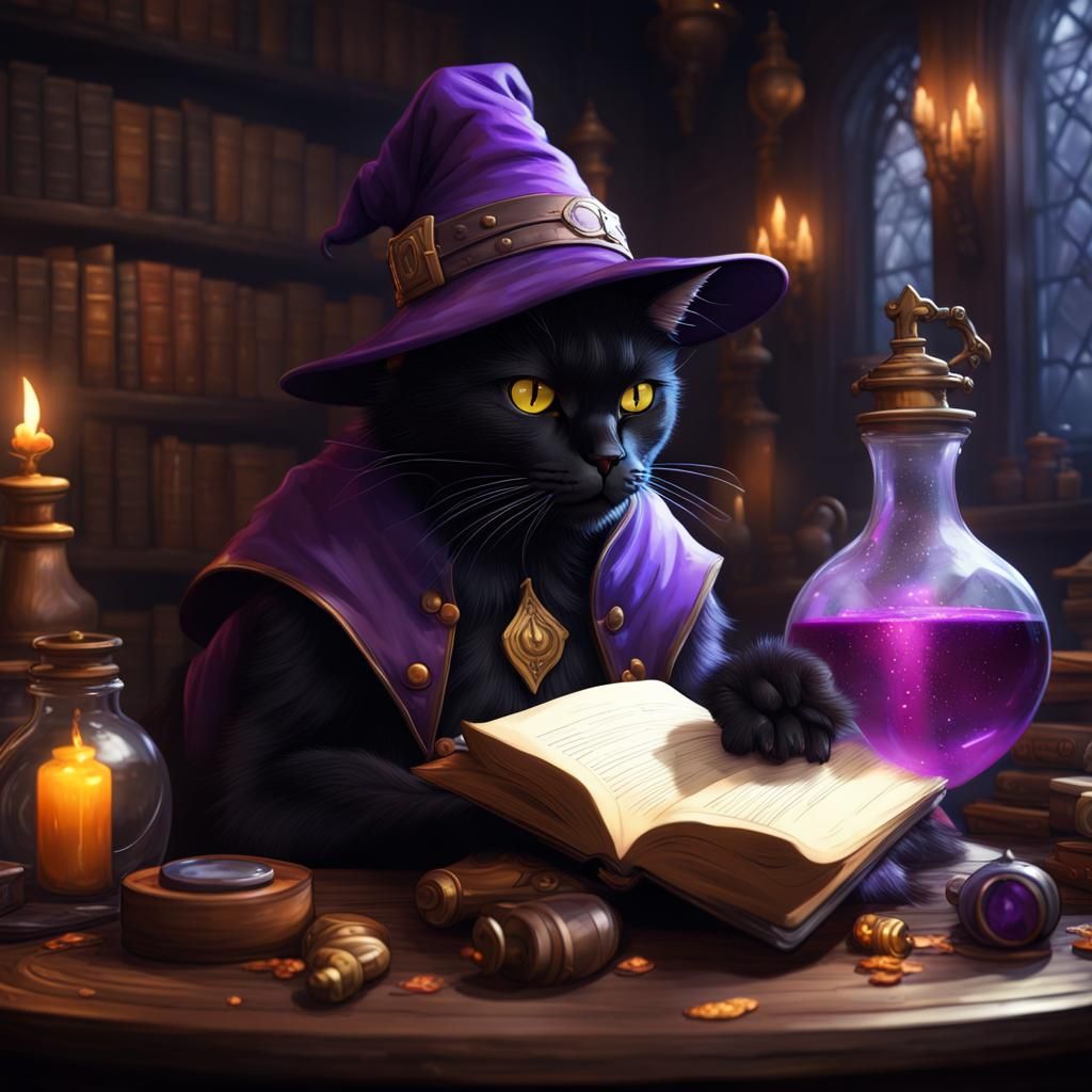 Black Cat Wizard Making Potion, Fantasy Art