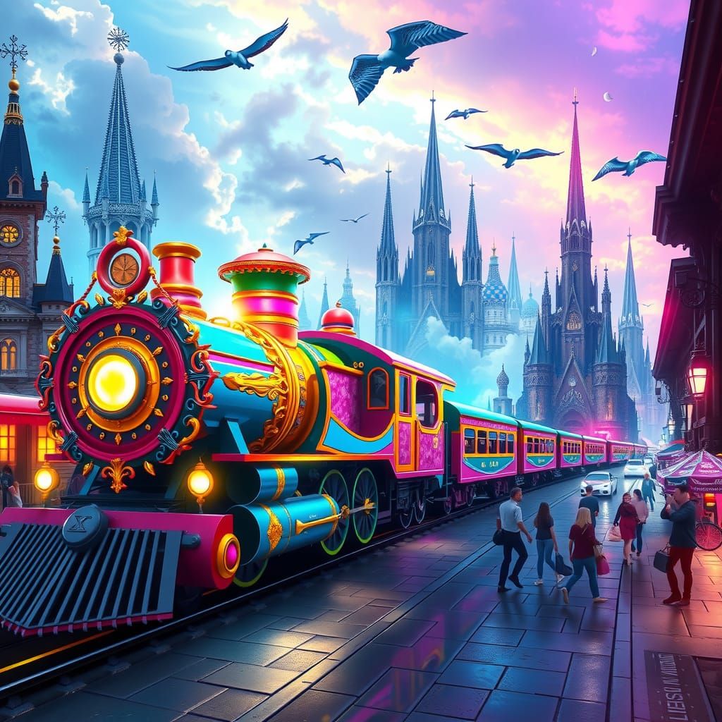 Rainbow Train in Kaleidoscopic City, Matte Painting