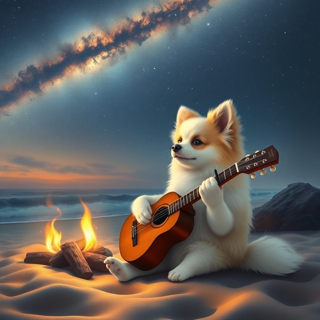 A baby Japanese Spitz sitting on the soft sand of a beach at night, playing a guitar by the light of a campfire. The sky...