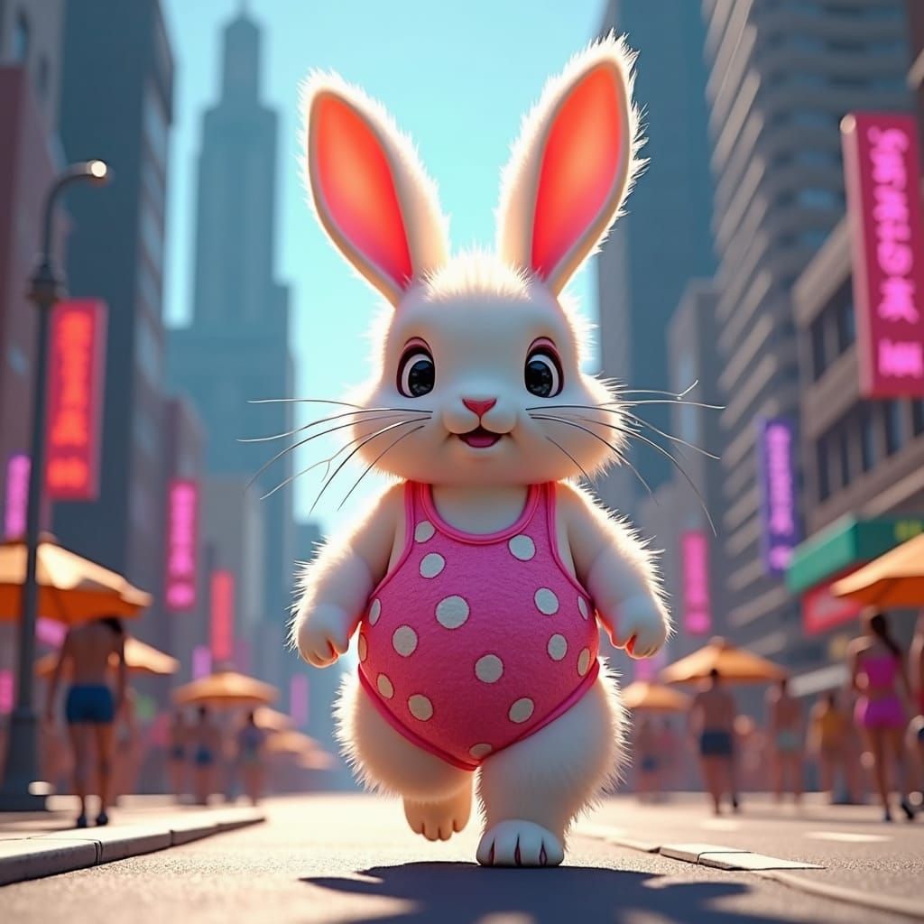 Fluffy Rabbit in Pink Bathing Suit City Stroll