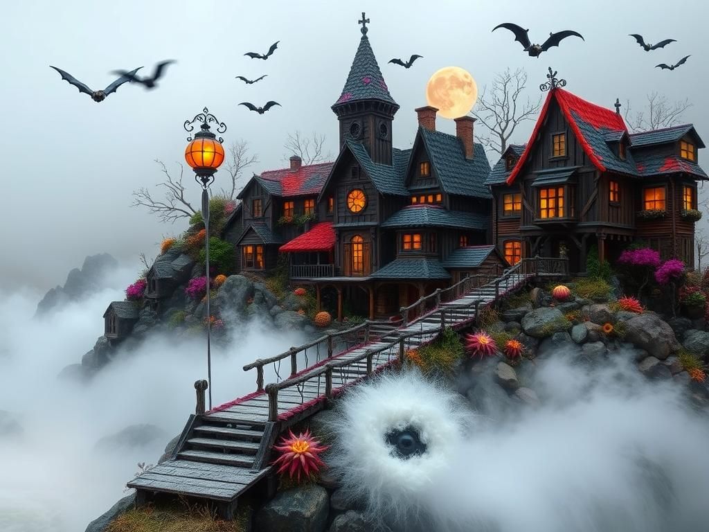 Spooky Haunted Coastal Village in 3D Textile Art