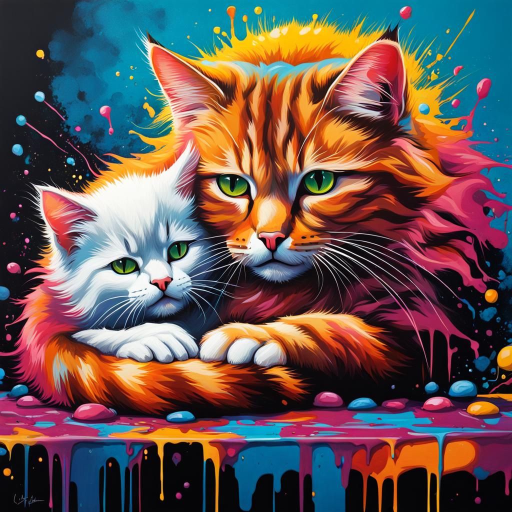 Cat Hugging Kitten in Graffiti Street Art Style