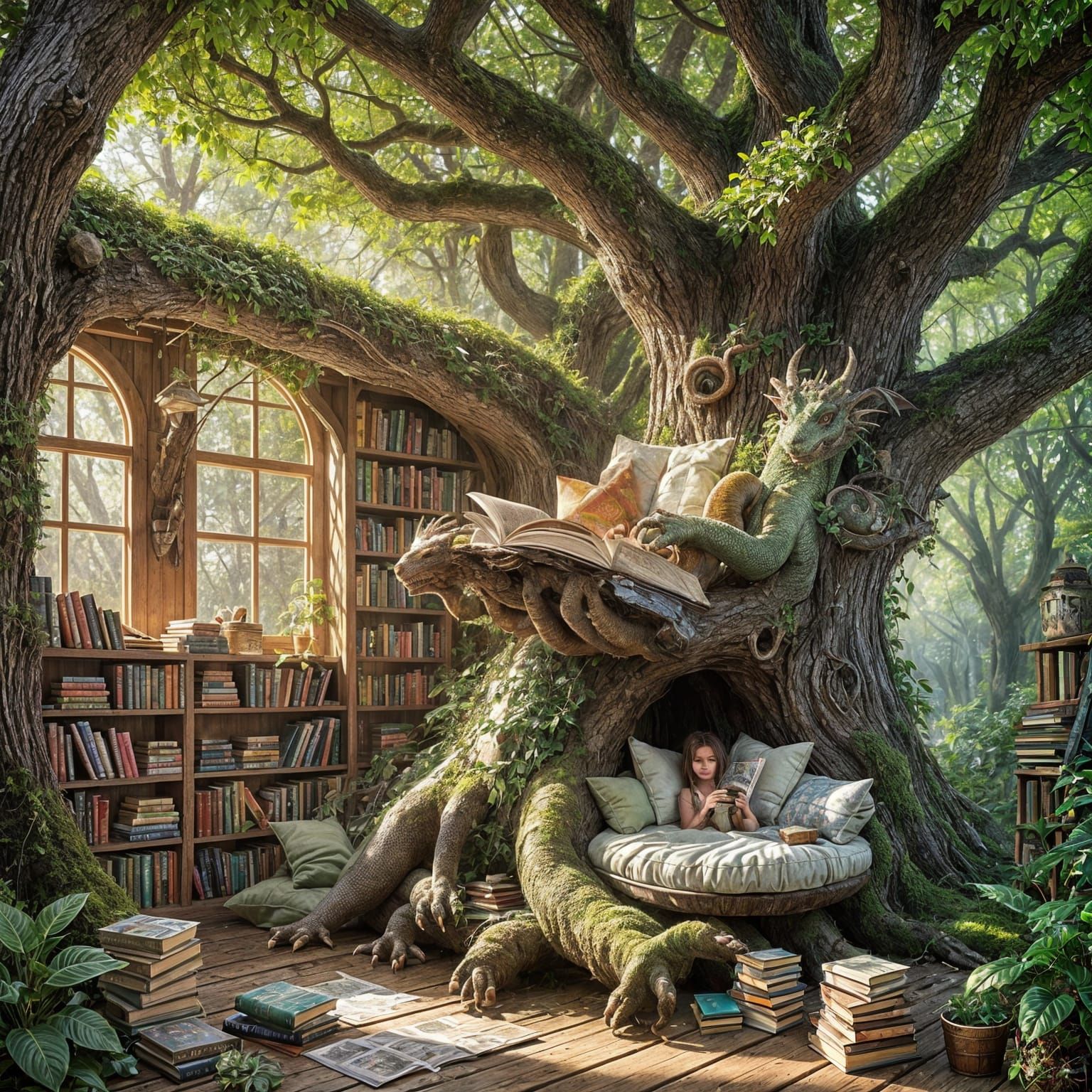 Whimsical Treehouse Reading Nook with Dragon: Airbrush Art