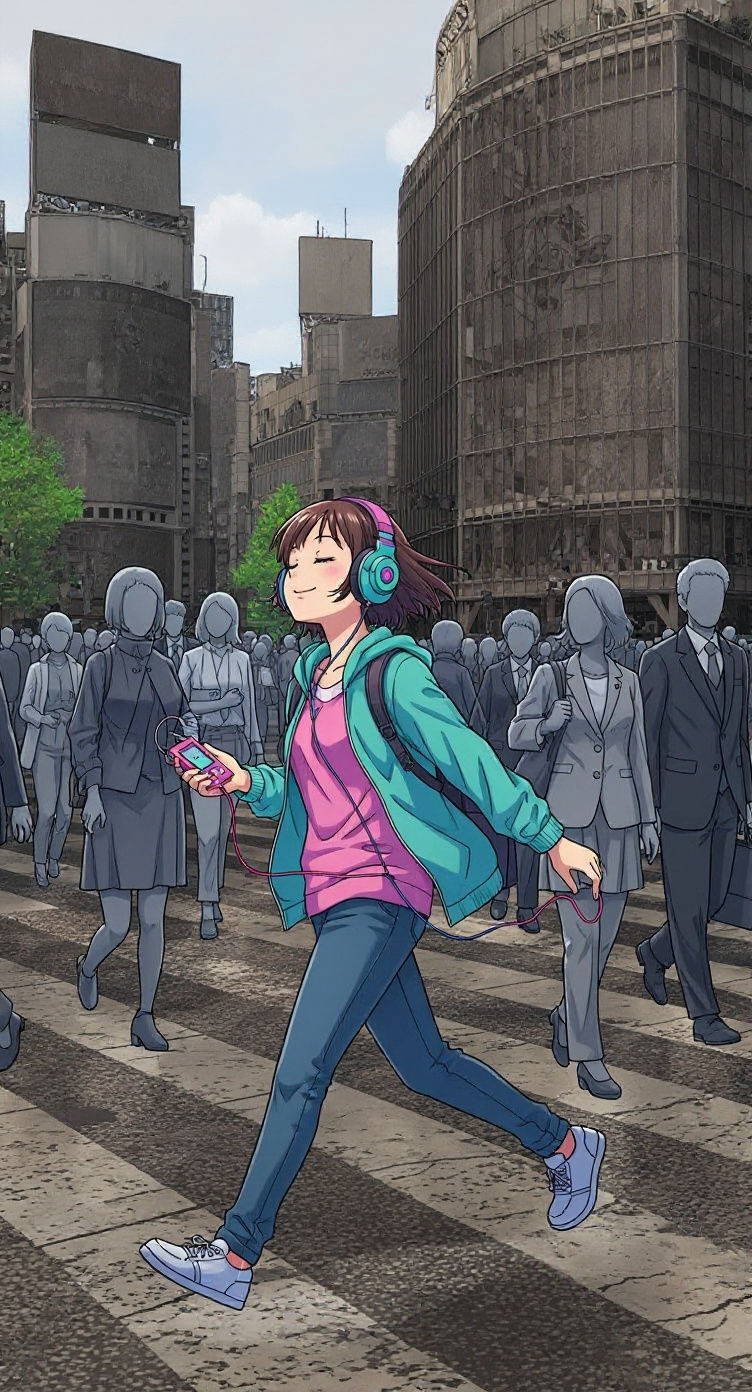 Girl in Bliss at Shibuya Crossing, Manga Style