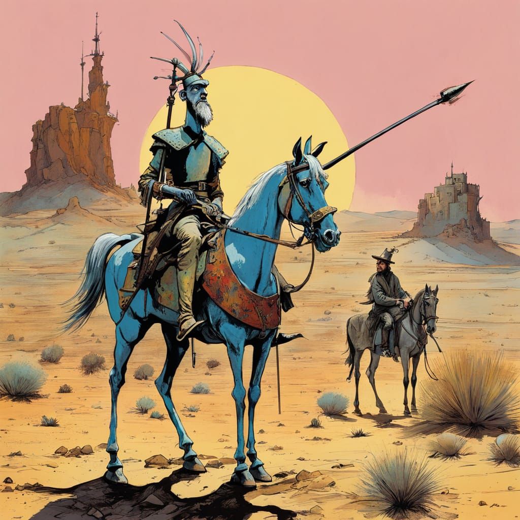 Comically Exaggerated Don Quijote Rides a Surreal Desert Mar...