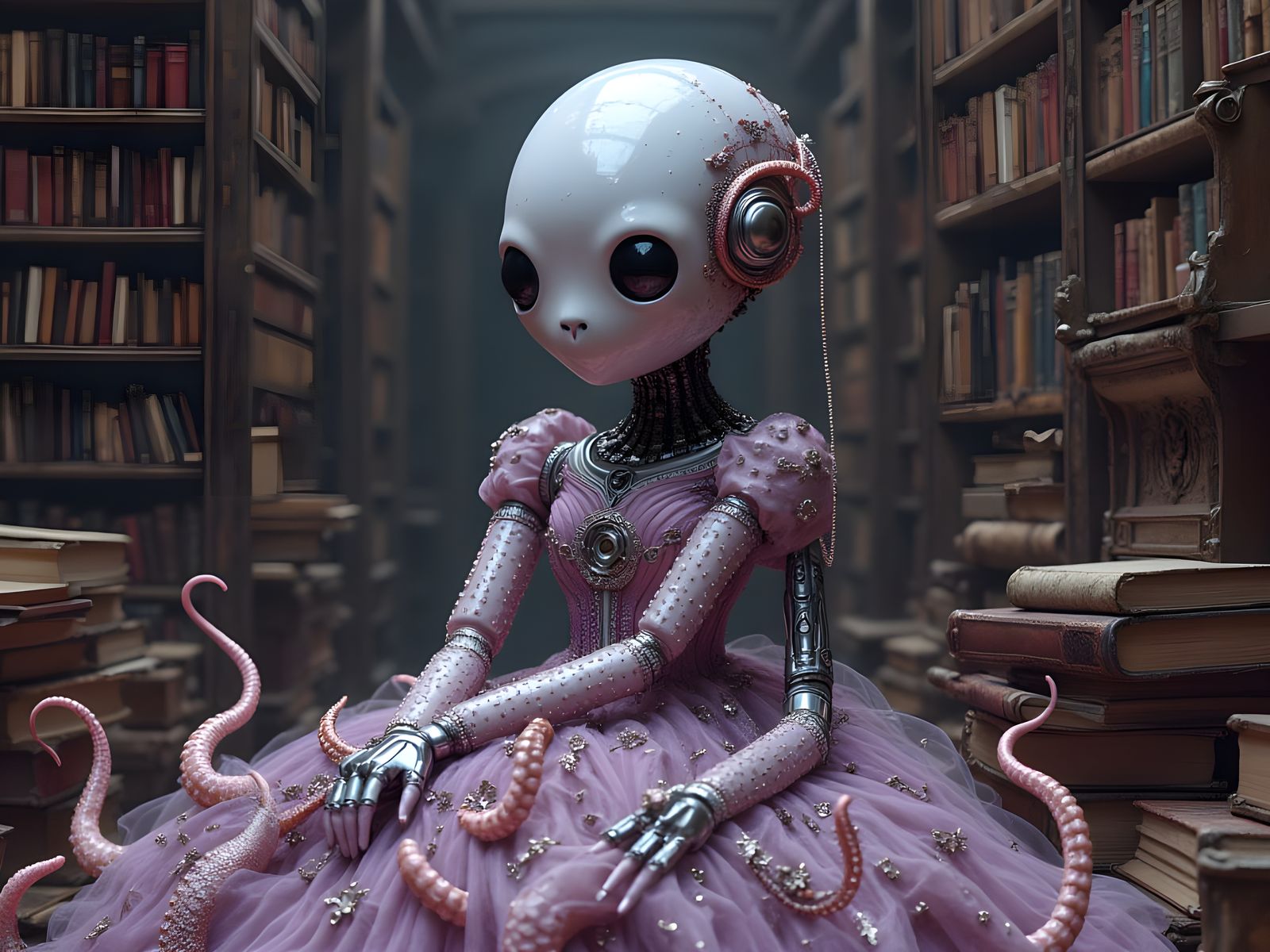 Robot in Victorian Gown Reading in Library
