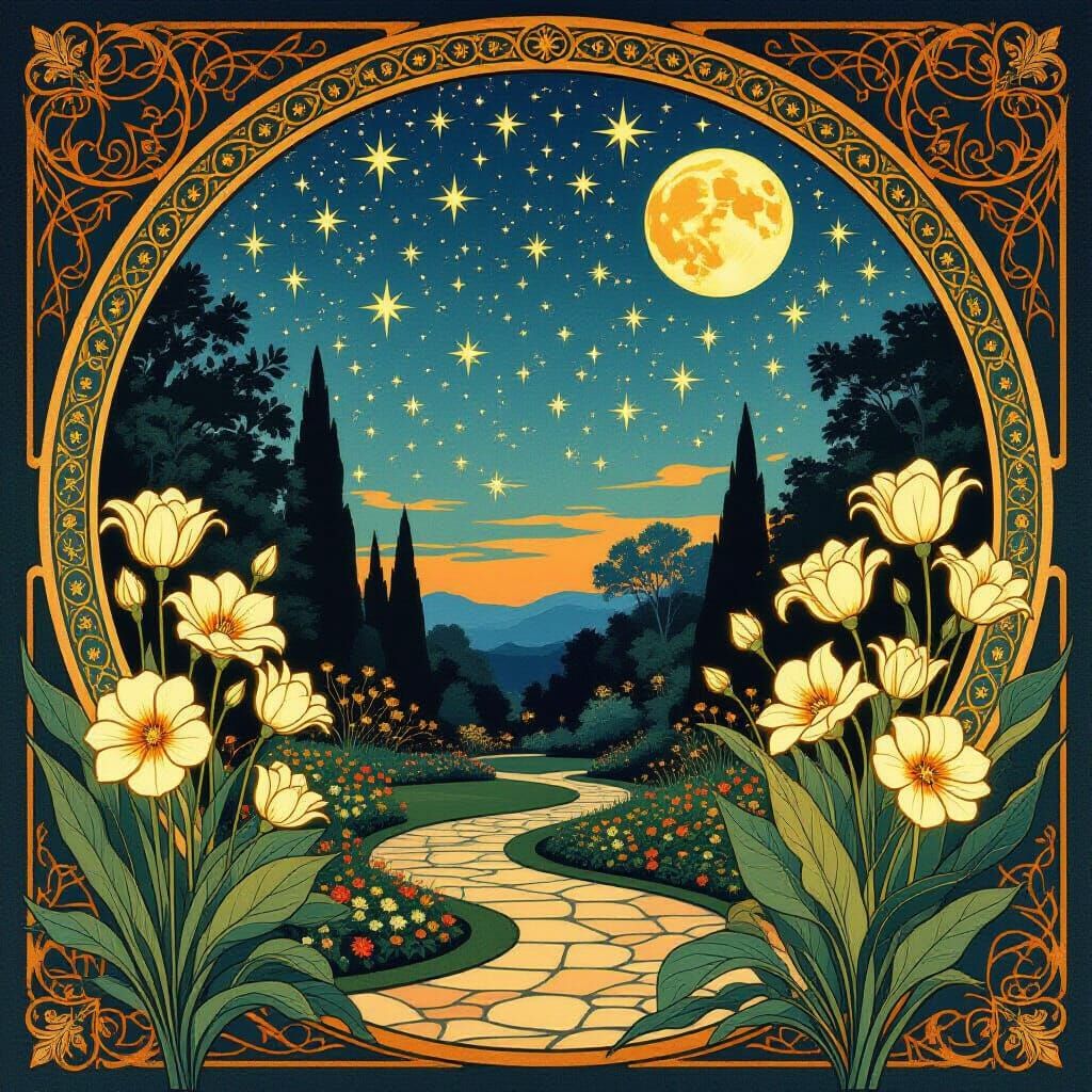 Art Nouveau Garden at Twilight with Igniting Stars