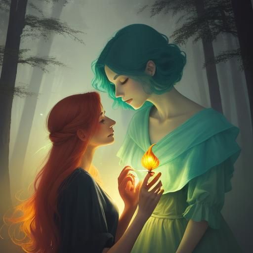 Dreamlike Surrealism: Whispering Women in Misty Forest