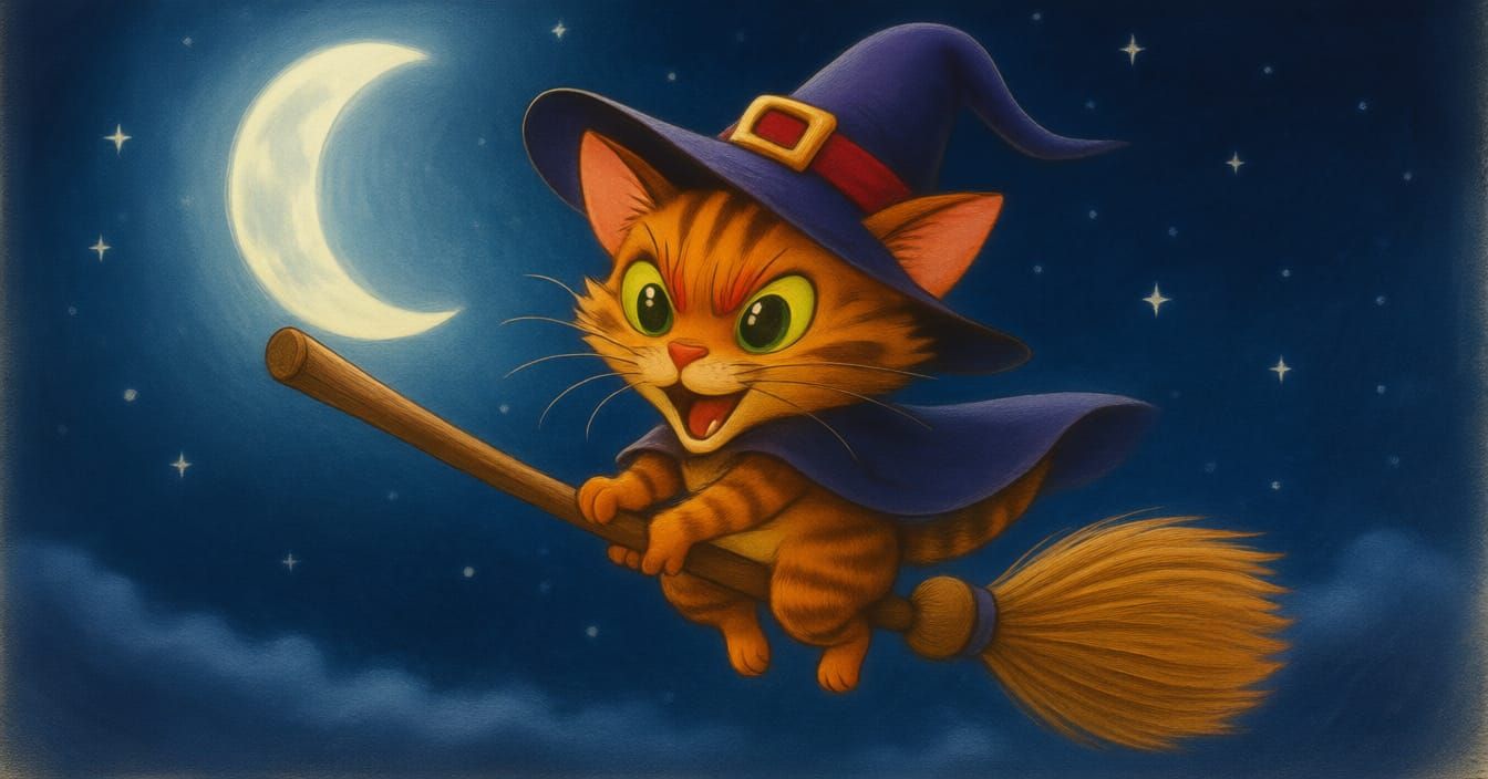Witch Cat Rides Broom Under Quarter Moon