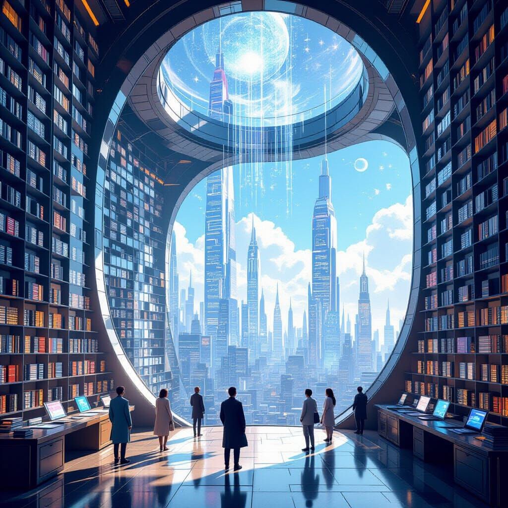 Futuristic Library with Holographic Books: Digital Matte Pai...