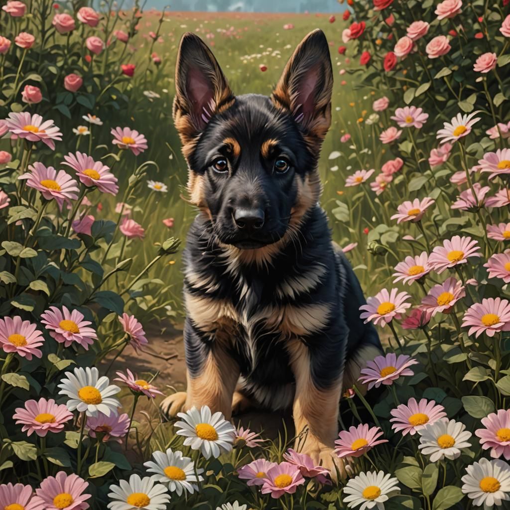 German Shepherd Puppy Sniffing Daisy in Rose Field