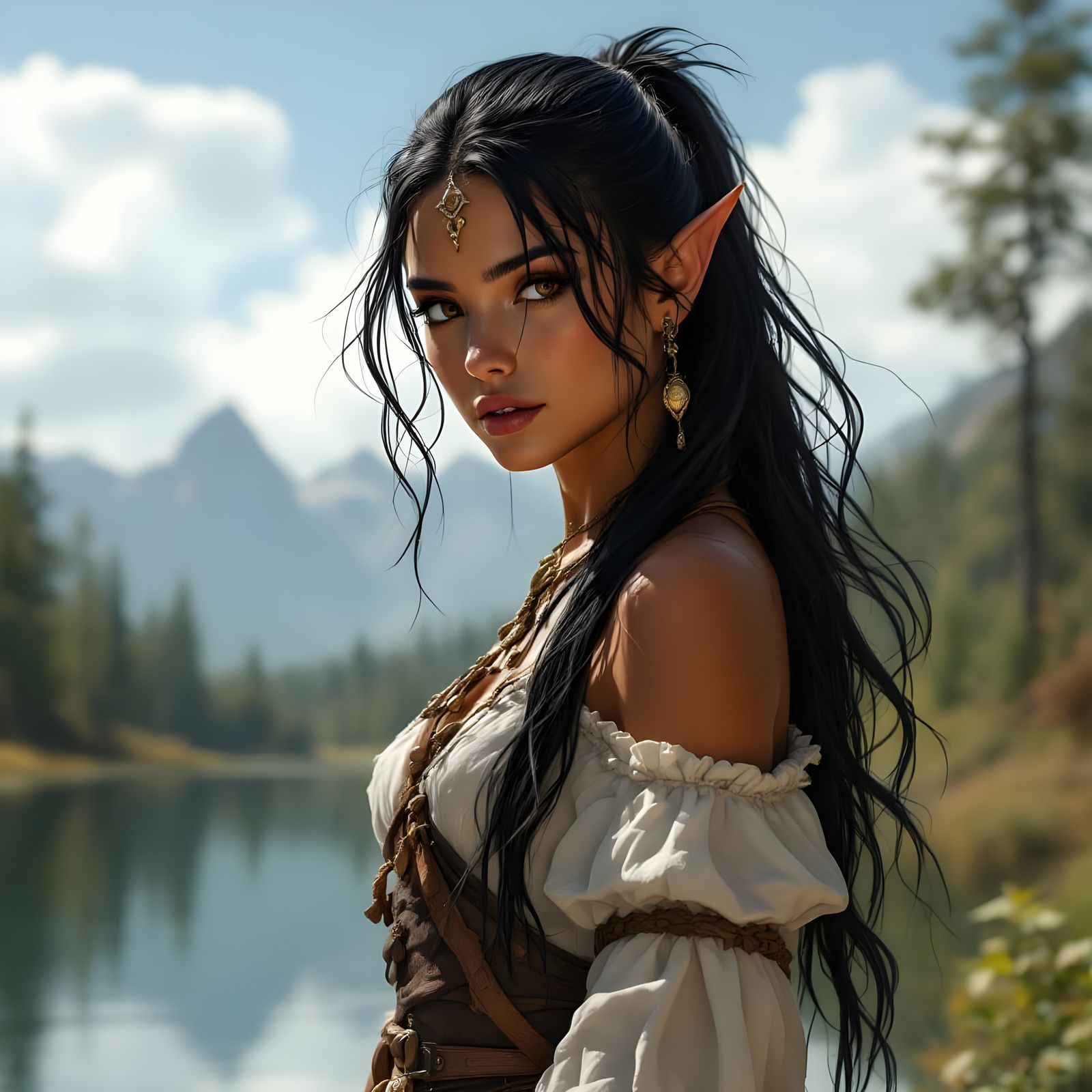 Ethereal Elven Barbarian Maiden Basks in Lakeside Serenity
