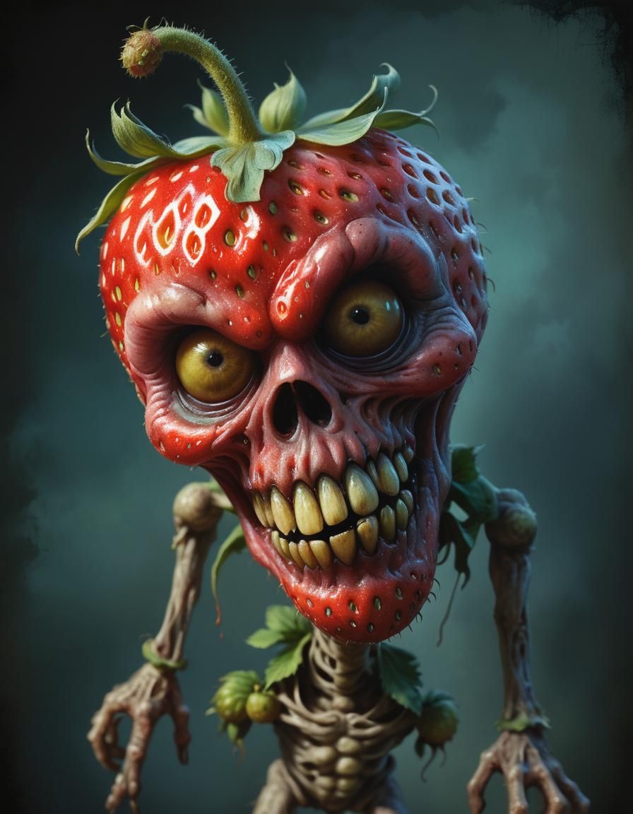 Scary Zombie Strawberry Fruit Portrait in Horrorpunk Style