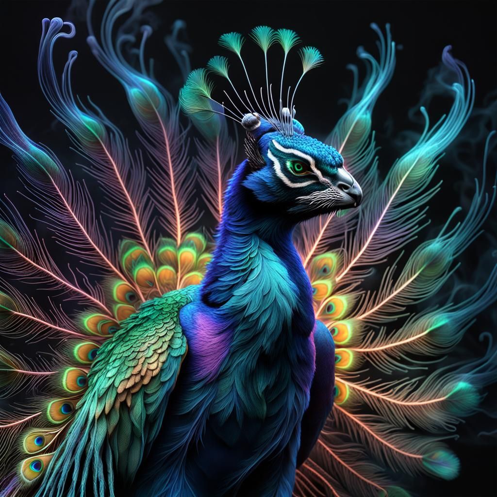 Neon Panther X-Ray of Peacock in Detailed Matte Painting