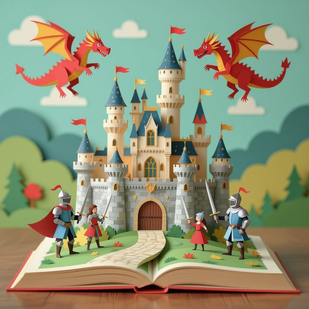Medieval Pop-Up Book Castle with Paper Knights and Dragons