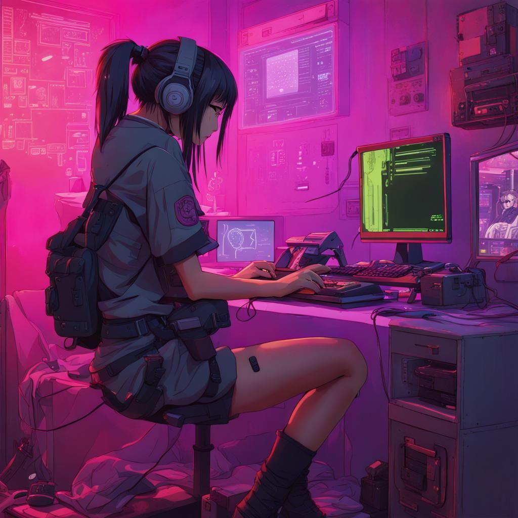 Sad Anime Girl Coding in Cyberpunk Bedroom