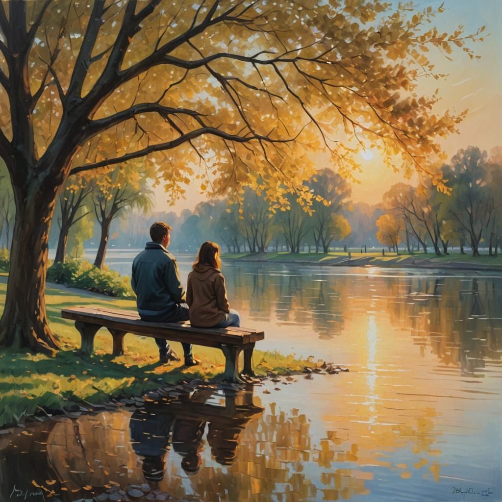 Impressionistic Painting: Serene Park Scene at Sunset