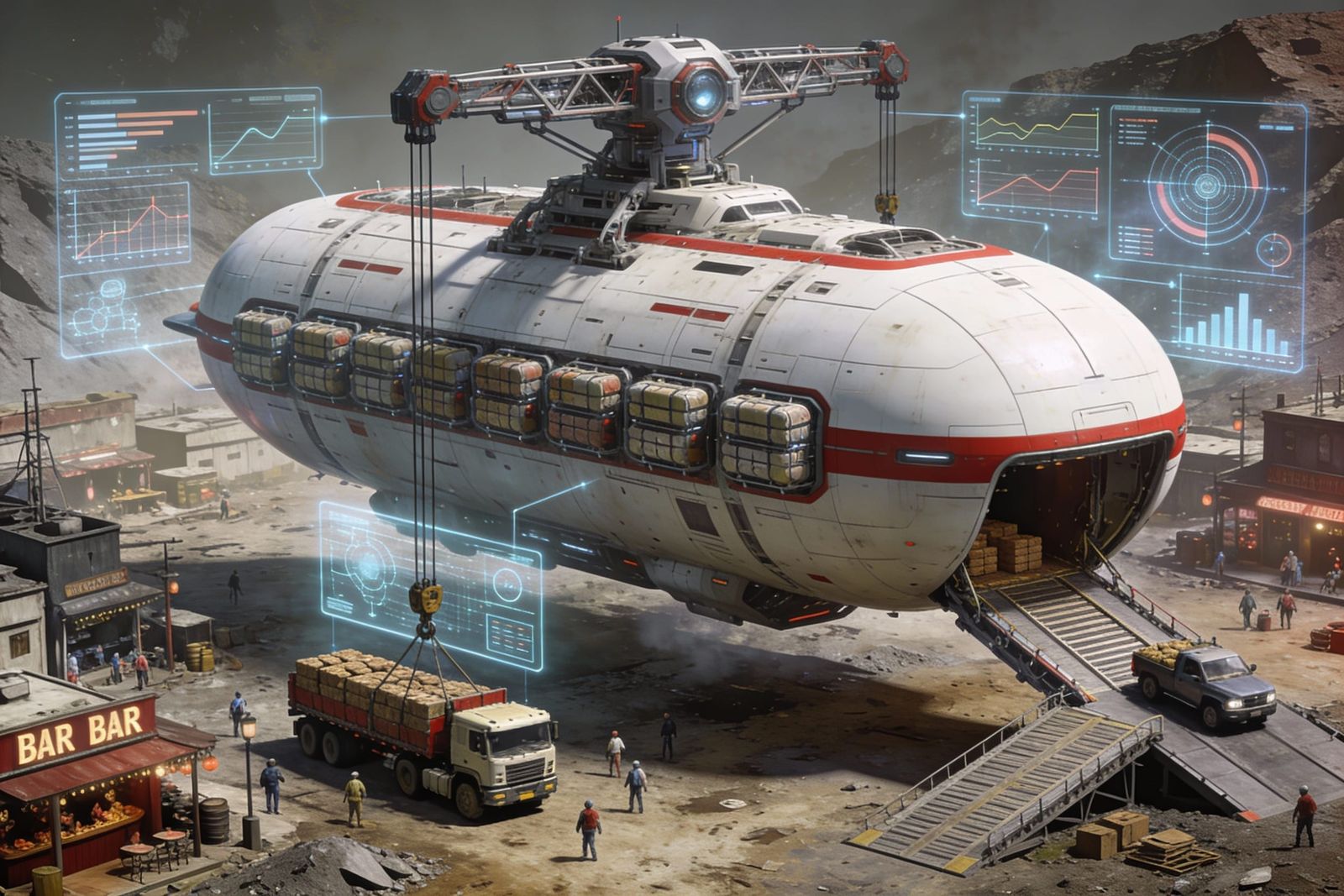 Gigantic Cargo Ship Unloading at Mining Outpost in Sci-Fi St...