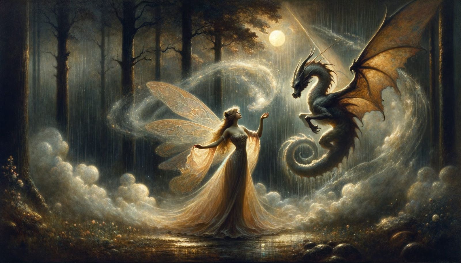 Moonlit Fairy and Dragon in Enchanted Forest