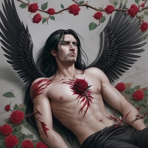 Detailed Gouache Painting: Man with Grey Wings and Thorns